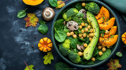 Green vegetable vegan salad with avocado, mushrooms, broccoli, spinach, chickpeas, pumpkin. Healthy vegetarian food concept. top view. 