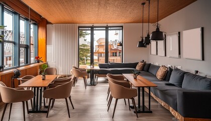 Stylish cafe interior with chairs and eating tables with sofa, window. Mock up wall