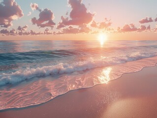 peaceful beach at sunset, calm waves, soothing colors , high resolution