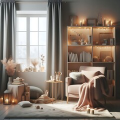 A Room with a mockup poster empty white and with a chair and bookshelf and candles art used for printing card design meaning lively.