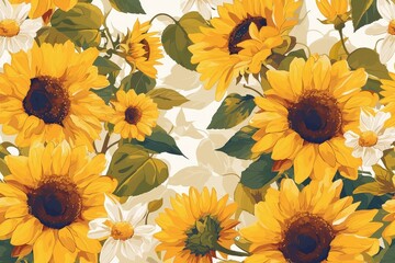 Vibrant sunflowers and lush green leaves intertwining in an intricate design