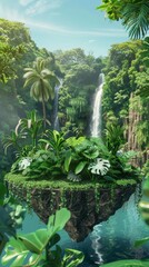 lush green tropical island with waterfall and blue lagoon
