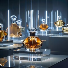 High-end perfume bottles showcased on a glass podium with a reflective surface