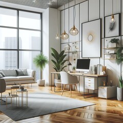 A Room with a mockup poster empty white and with a computer desk in office and a couch art used for printing harmony card design realistic.