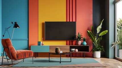 Conceptualize a cohesive living space design that seamlessly blends a colorful wall background with a modern TV cabinet and tastefully selected decorative accents