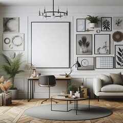 A Room with a mockup poster empty white and with a couch and a desk realistic card design art realistic used for printing.