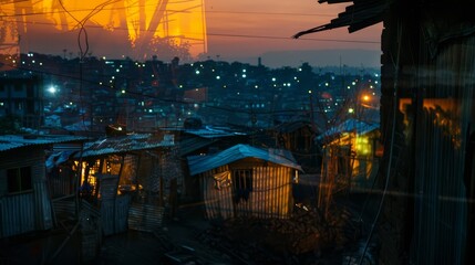 A slum area with a beautiful sunset in the background.
