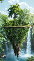 The image is a beautiful landscape of a floating island with a tree and a waterfall