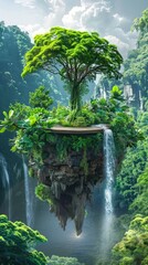 The image is a beautiful landscape of a floating island with a tree on top of it