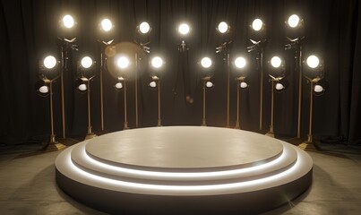 Round stage with bright spotlights.