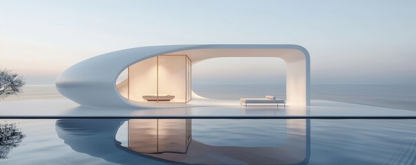 The AI-generated photo shows a beautiful, futuristic house. The house is made of white concrete and has a large glass window. The house is surrounded by water.