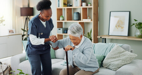Senior, woman and caregiver with help or walking stick for mobility, injury healing and retirement...