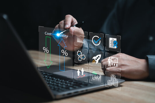 Business management, Quality and cost control concept, Businessman use laptops work plan and manage to successful and profitable, Cost reduction, Profit, financial workflow, high-quality control