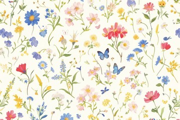 Wildflowers and butterflies whimsically scattered across a seamless pattern