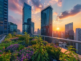 Fototapeta premium Ecofriendly rooftop garden, modern city background, sunrise, high angle view , high resolution