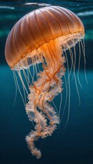 Golden jellyfish swimming underwater in the ocean.
