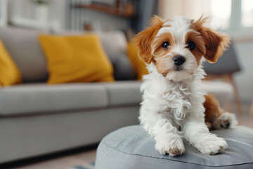 Small fluffy white and brown dog sitting on top of a pillow, copy space