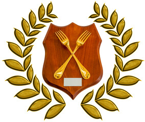 Fourchettes d’or, trophée et couronne, fond blanc 