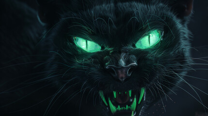 Fierce Feline: Angry Black Cat with Glowing Green Eyes. Generative AI