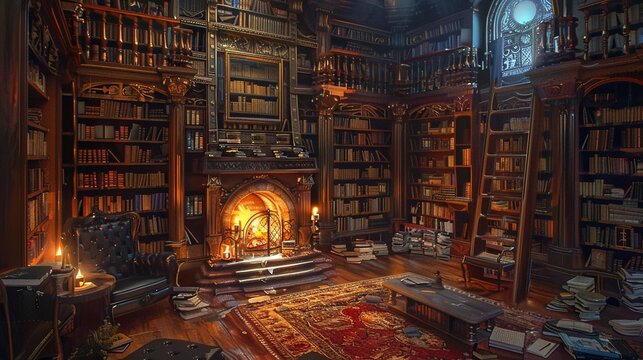 Steampunk library, towering bookshelves, dimly lit, cozy fireplace, warm amber tones , Ideogram - Powered by Adobe