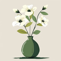 White flowers in a green vase on beige background