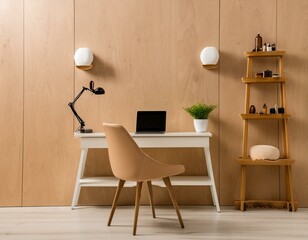 Beige salon interior desk with laptop and shelf with cosmetics, wooden wall