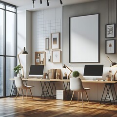 A Room with a mockup poster empty white and with computers and chairs in office realistic attractive realistic image lively.