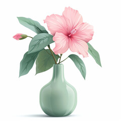 A vibrant pink flower sits in a sleek green vase against a clean white background