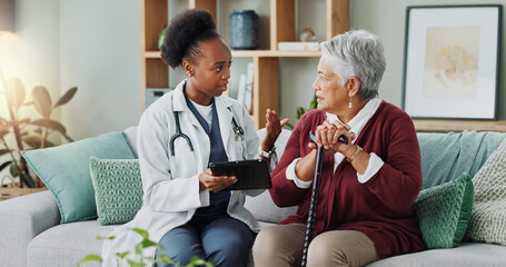 Elderly, woman and doctor with tablet for consultation with expert advice, explaining and...