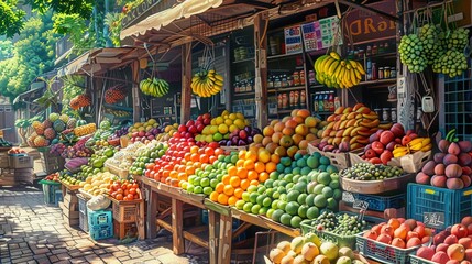 Local fruit vendor, colorful array of tropical fruits, sunny day, lively market , hyper detailed