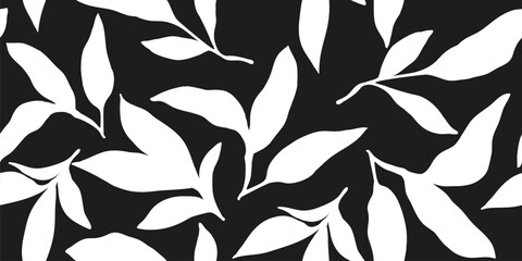 Black and white exotic palm leaves seamless pattern. Brush drawn tropical leaf wallpaper. Hand drawn botanical organic vector illustration. Design for fabric, print, cover, banner, wallpaper.
