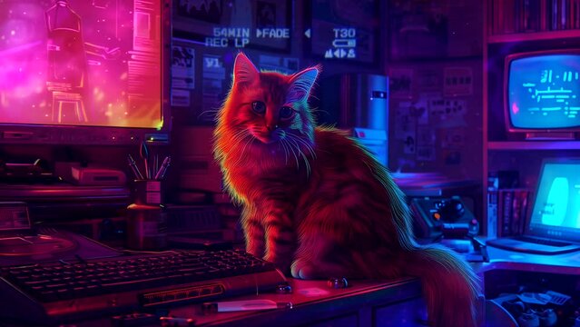 Retro animated background of a cat indoors near window with lofi background music and chill vibes. Seamless looping time-lapse video