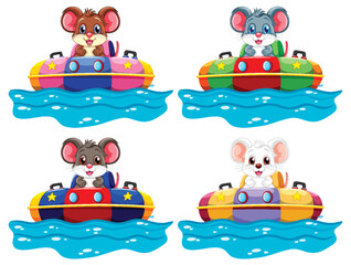 Four cartoon mice enjoying a boat ride