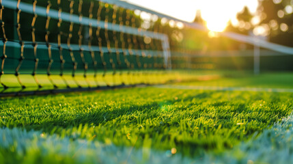 close-up freshly cut grass tennis court, tennis court at sunrise, tennis club tournament