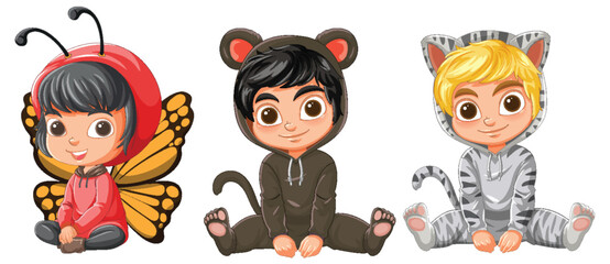 Children dressed as butterfly, bear, and zebra