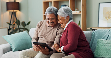 Senior couple, happy and laughing with tablet, streaming and communication in living room. People,...