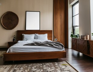Obraz premium Wooden home bedroom interior with bed and nightstand with decor. Mock up frame