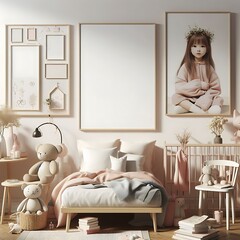 bedRoom with a mockup poster empty white and sets have mockup poster empty white have mockup poster empty white with a bed and a crib realistic harmony.