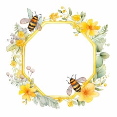 cute bee and flower themed frame or border for photos and text, watercolor illustration, Perfect for nursery art, simple clipart, single object, white color background. 