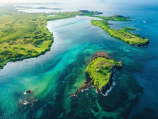 Aerial of the Galapagos Islands, diverse ecosystems, clear coastal waters , vibrant color