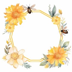 Obraz premium cute bee and flower themed frame or border for photos and text, watercolor illustration, Perfect for nursery art, simple clipart, single object, white color background. 