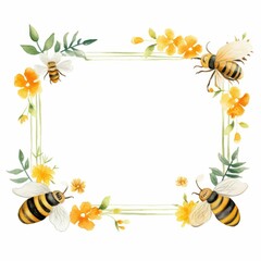 cute bee and flower themed frame or border for photos and text, watercolor illustration, Perfect for nursery art, simple clipart, single object, white color background.  © JR BEE