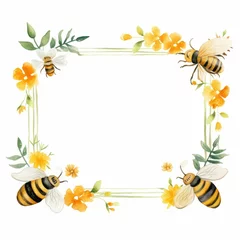 cute bee and flower themed frame or border for photos and text, watercolor illustration, Perfect for nursery art, simple clipart, single object, white color background.  © JR BEE