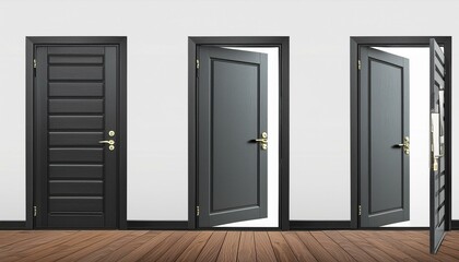 3d open and close house or office front door frame. Realistic black ajar doorframe with handle asset lock and welcome. Closed wooden exit for opportunity elements. Dark shut way to living room design 