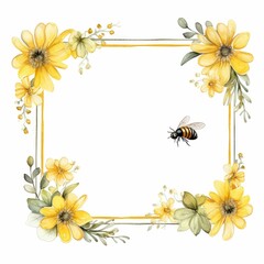 cute bee and flower themed frame or border for photos and text, watercolor illustration, Perfect for nursery art, simple clipart, single object, white color background. 