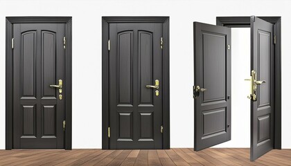 3d open and close house or office front door frame. Realistic black ajar doorframe with handle asset lock and welcome. Closed wooden exit for opportunity elements. Dark shut way to living room design 