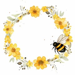 cute bee and flower themed frame or border for photos and text, watercolor illustration, Perfect for nursery art, simple clipart, single object, white color background. 