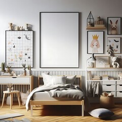 bedRoom with a mockup poster empty white and sets have mockup poster empty white have mockup poster empty white with a bed and shelves meaning harmony meaning.