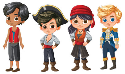 Four cartoon pirates in various outfits