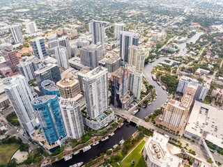 Fort Lauderdale, FL USA. Aerial drone photo amazing view of the city and New River